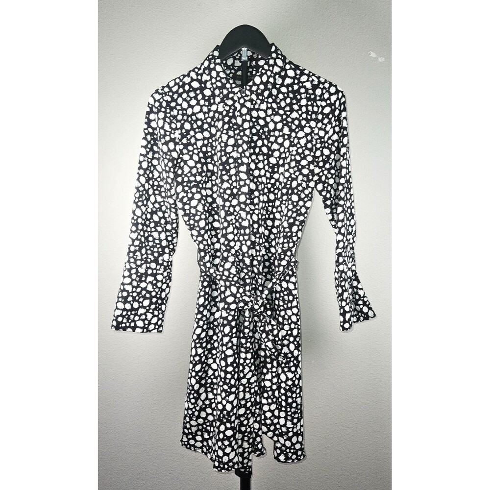 Banana Republic 4P Petite Shirt Dress Black White Print Tie Waist‎ Career